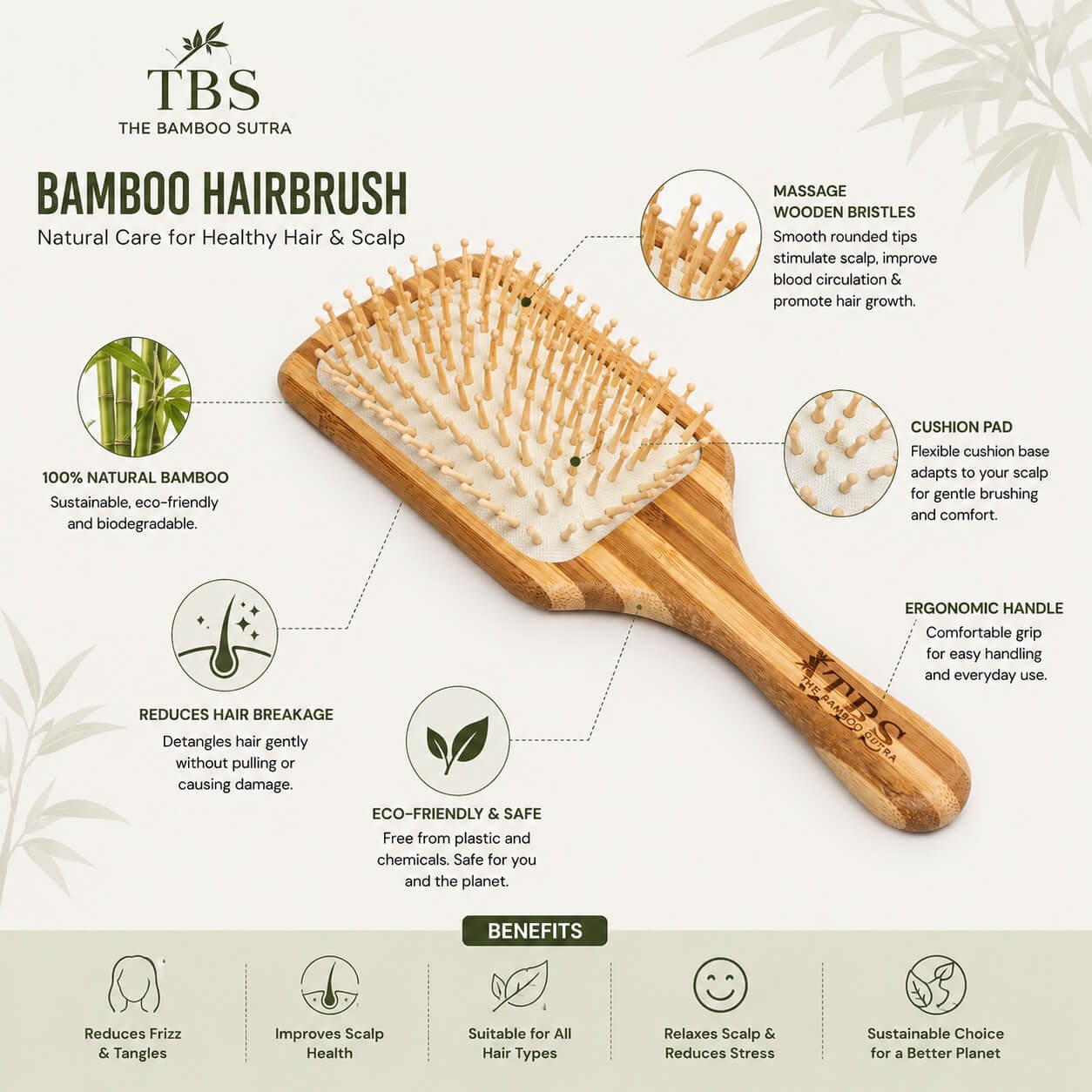 Bamboo Tips Stripped Hair Brush Bamboo Wood alternative view
